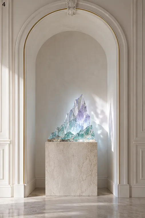 A crystal sculpture lit from within, standing on a stone plinth inside a white arched niche.