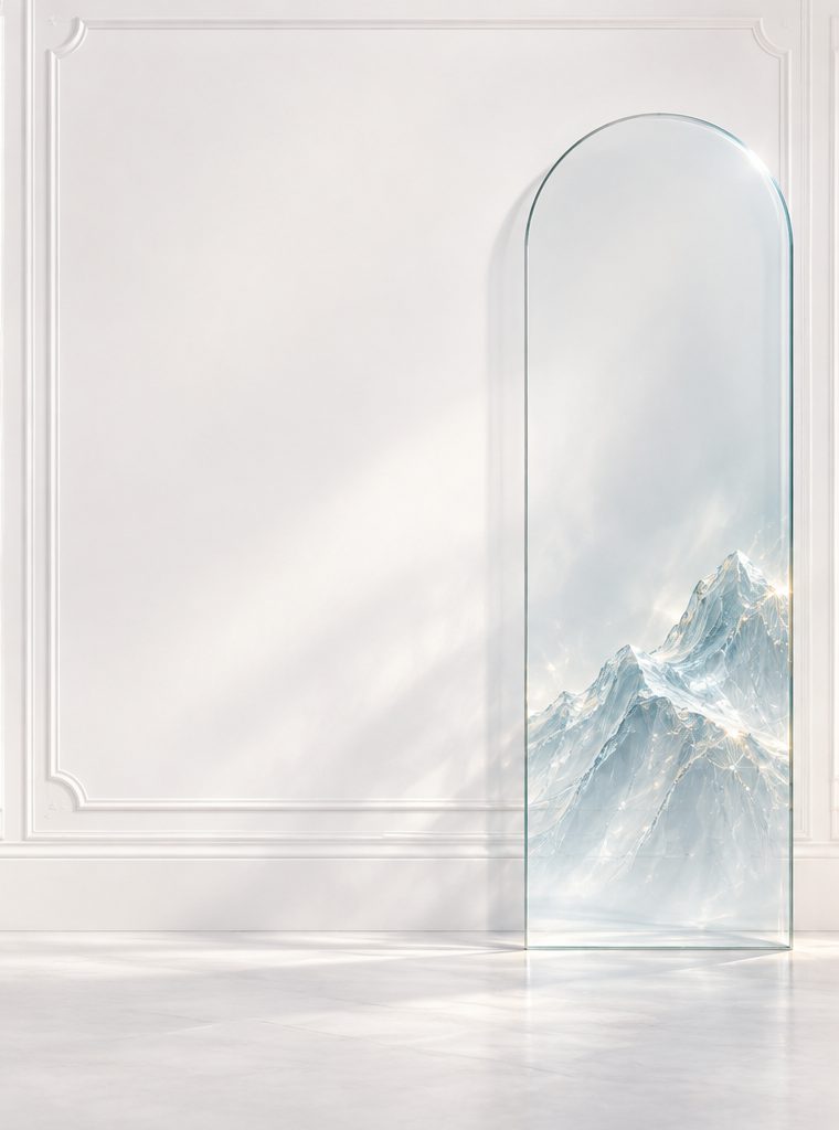 A tall glass arch leaning against a white panelled wall, with a mountain of light inside it.